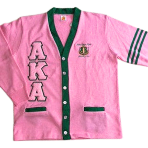 AKA Cardigan Pink & Green w/Stripes (Chenille Letters)